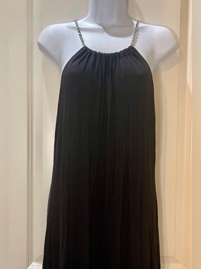 Nina Leonard Black Halter Maxi Dress with Silver Chain Straps Size M